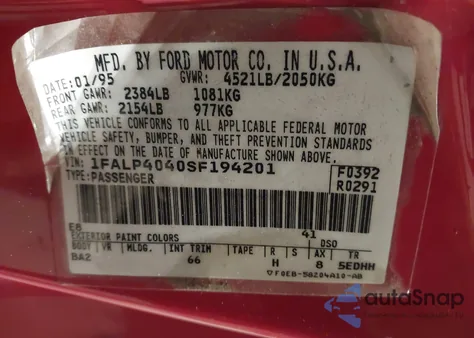 1995 Ford Mustang из США, поврежденный, VIN 1FALP4040SF194201